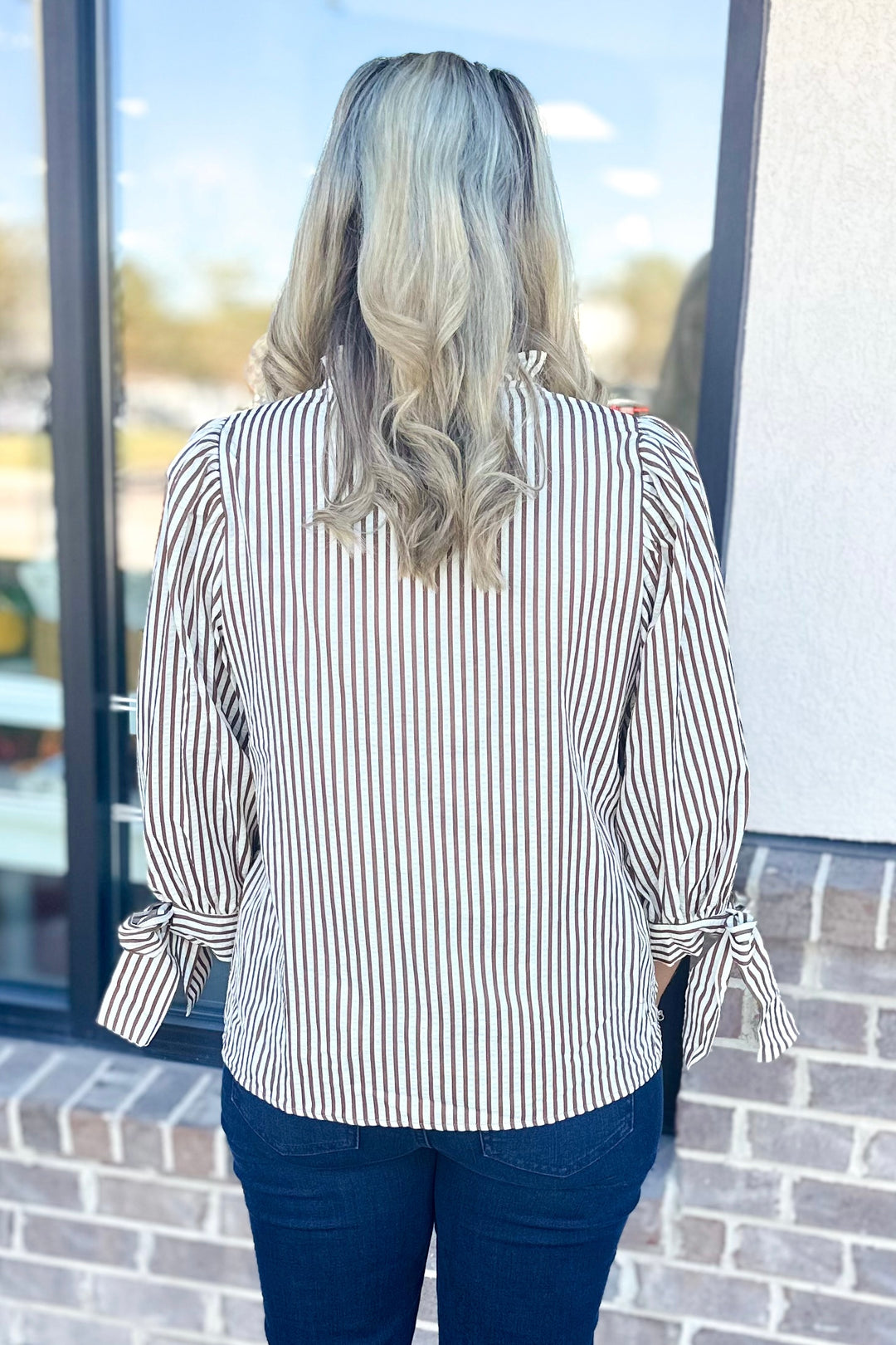 BROWN & WHITE STRIPE 3/4 SLEEVE TOP