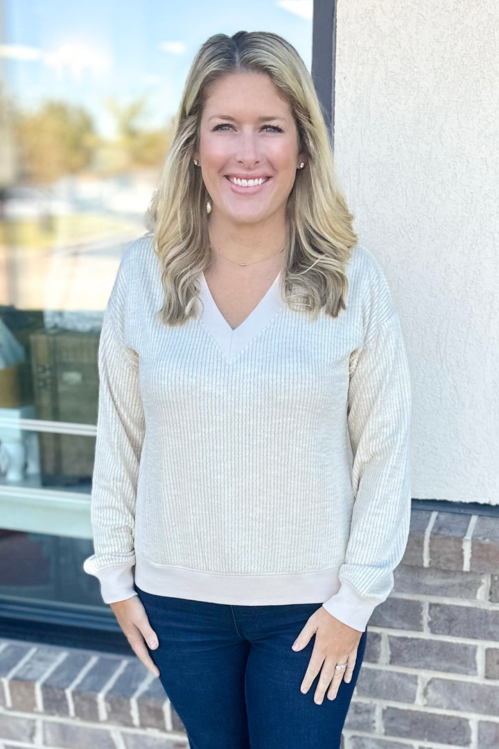 BEIGE VNECK OVERSIZED RIBBED TOP