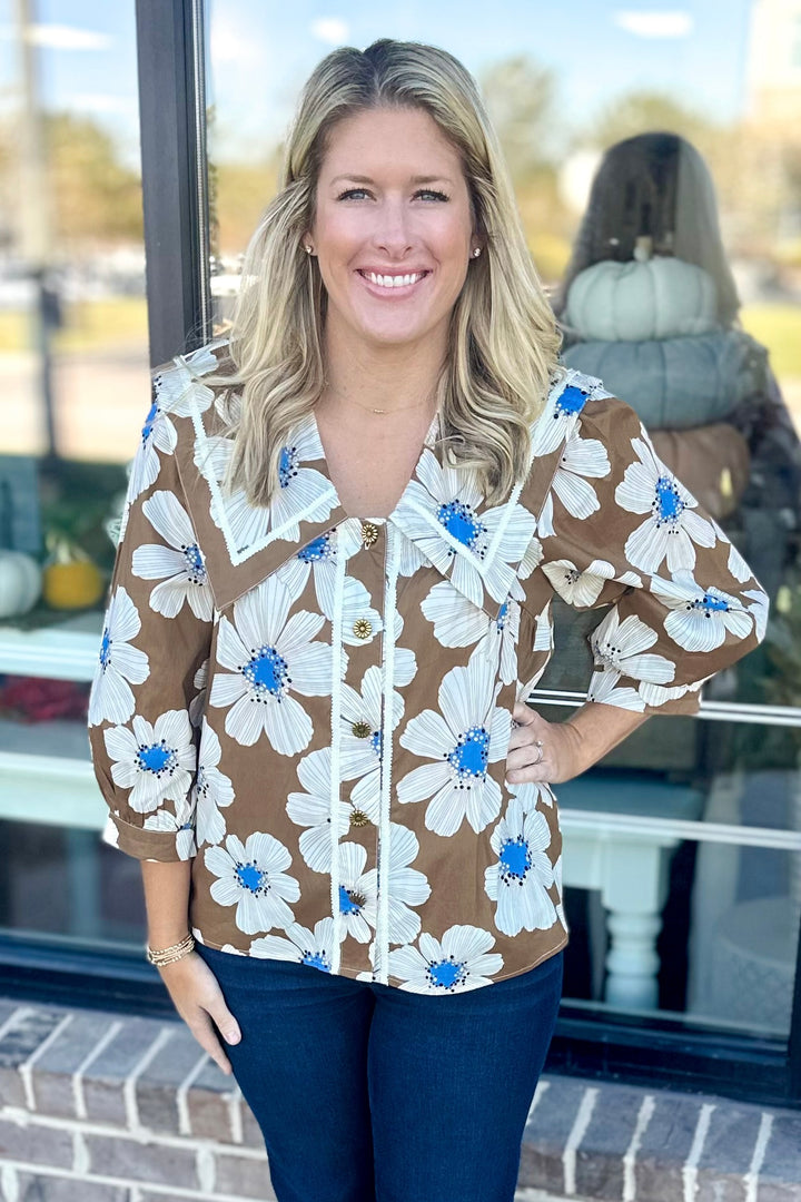 BROWN & BLUE FLORAL SQUARE COLLAR TOP