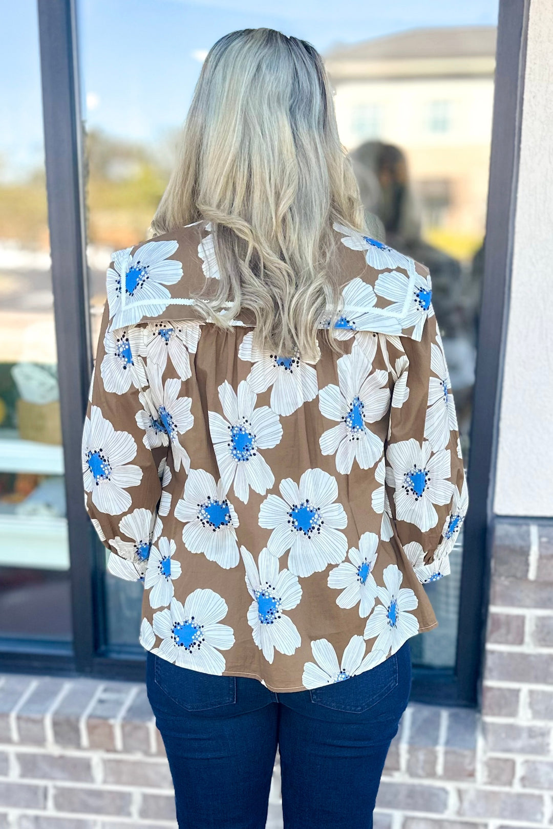 BROWN & BLUE FLORAL SQUARE COLLAR TOP