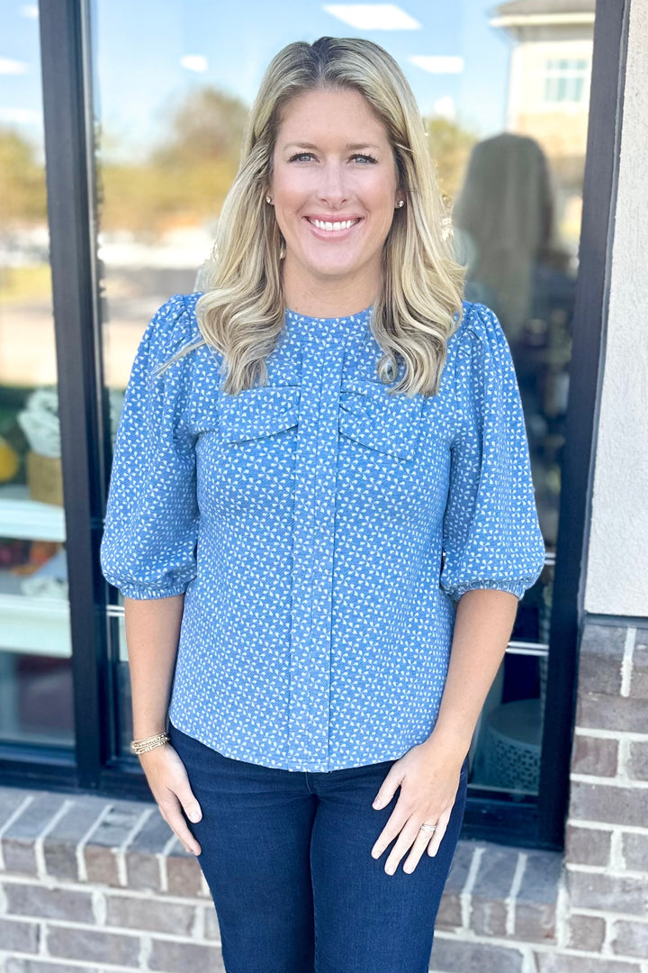 BLUE TEXTURED BOW FRONT TOP