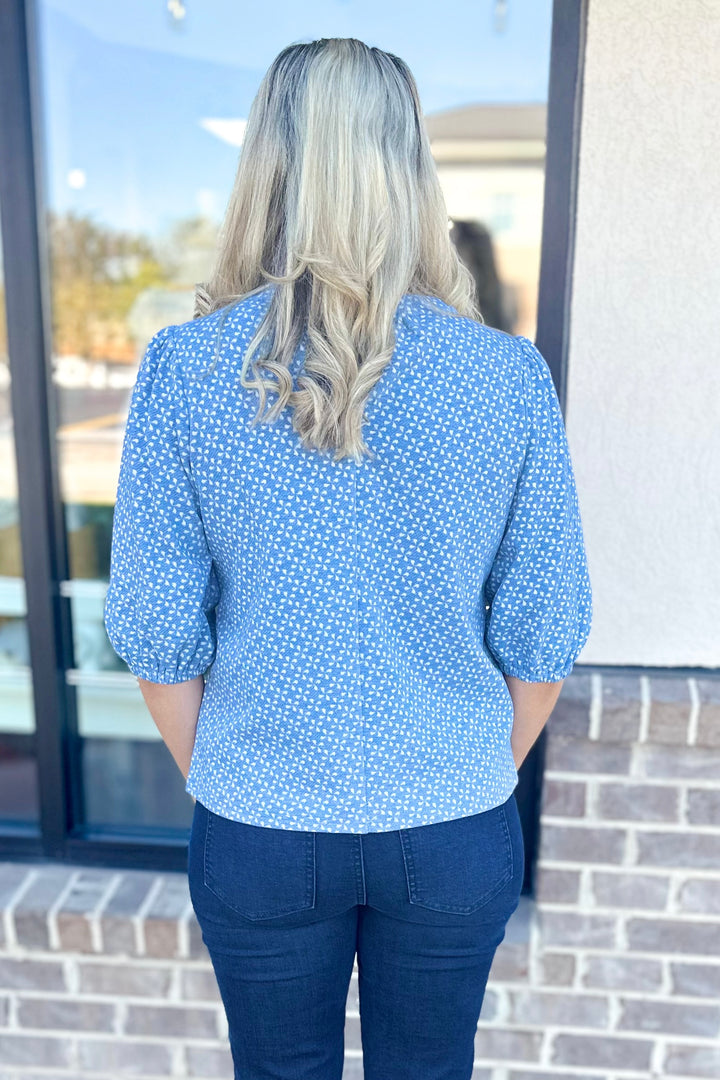 BLUE TEXTURED BOW FRONT TOP