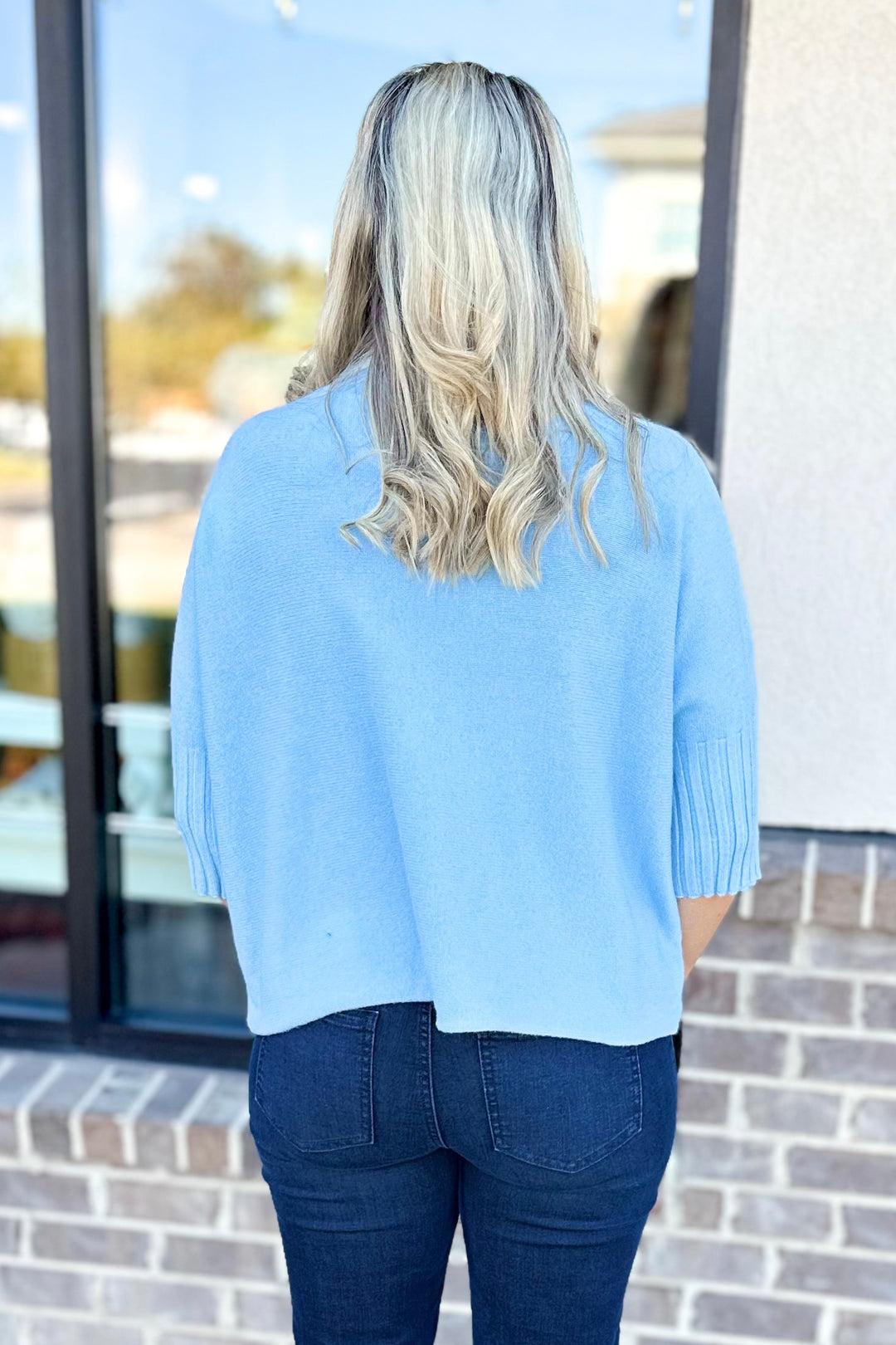 BLUE TURTLENECK SHORT SLEEVE SWEATER