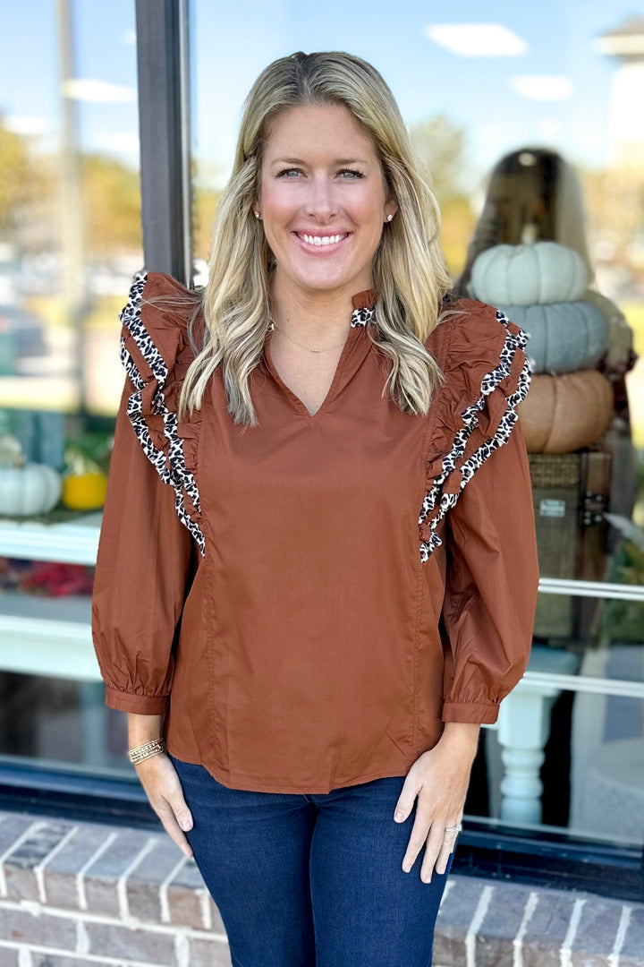 RUST LEOPARD TRIM RUFFLE TOP