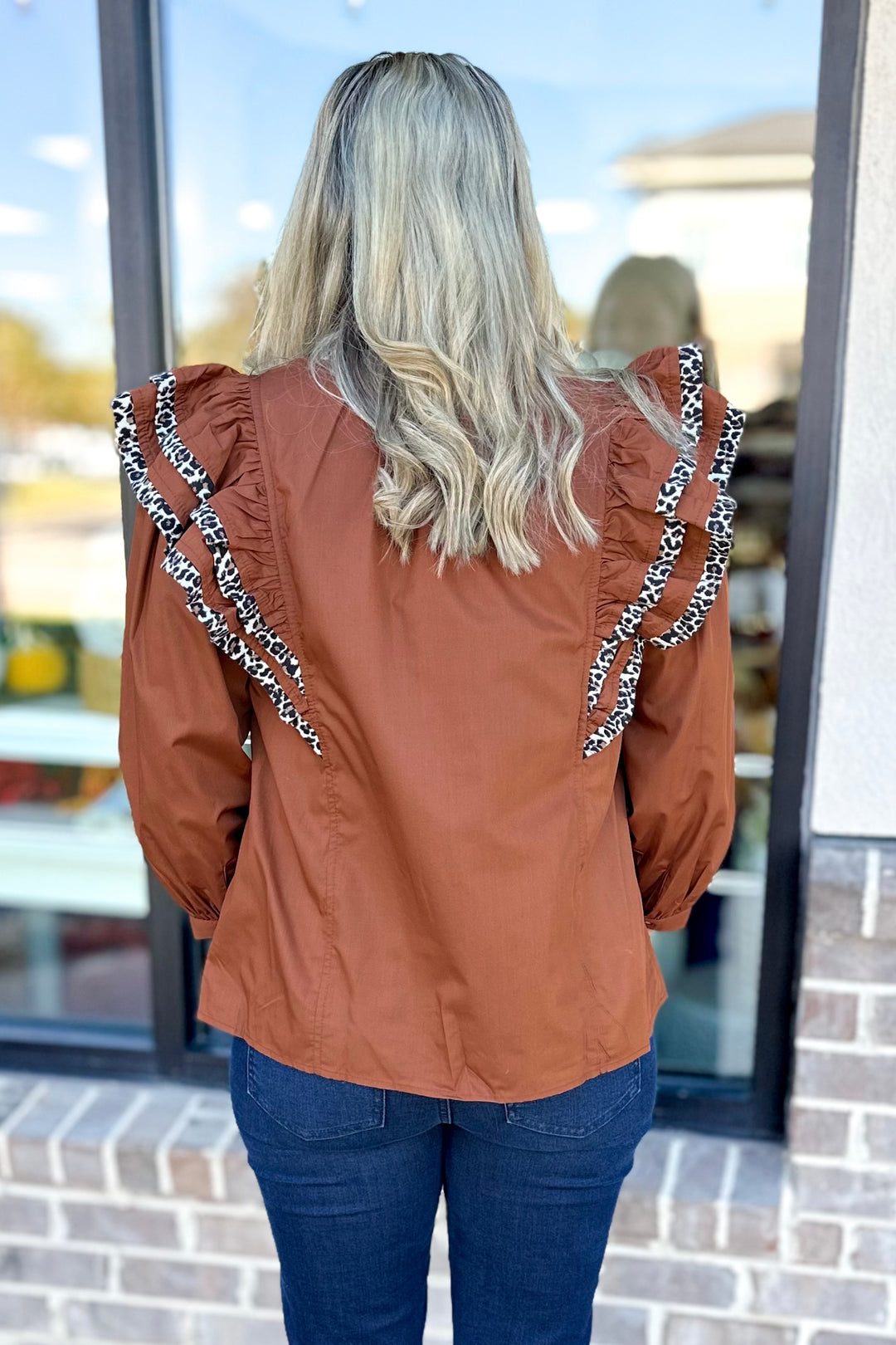 RUST LEOPARD TRIM RUFFLE TOP