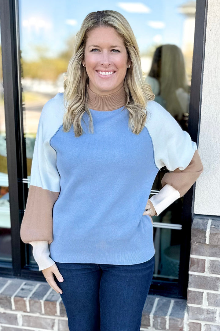 LIGHT BLUE & TAUPE COLOR BLOCK SWEATER