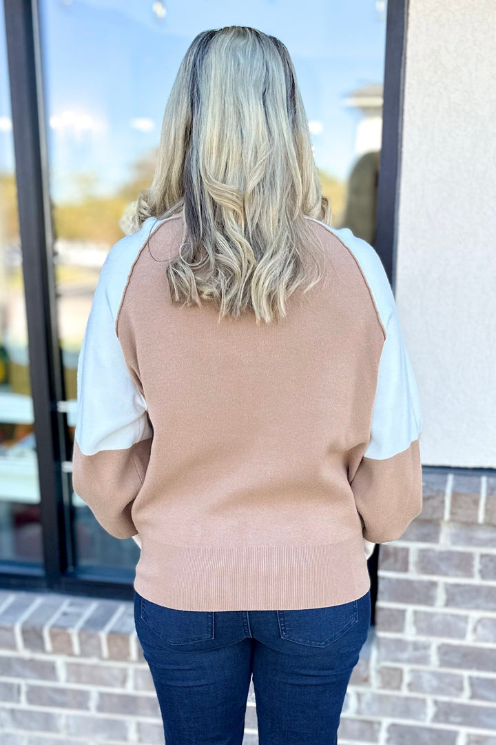 LIGHT BLUE & TAUPE COLOR BLOCK SWEATER