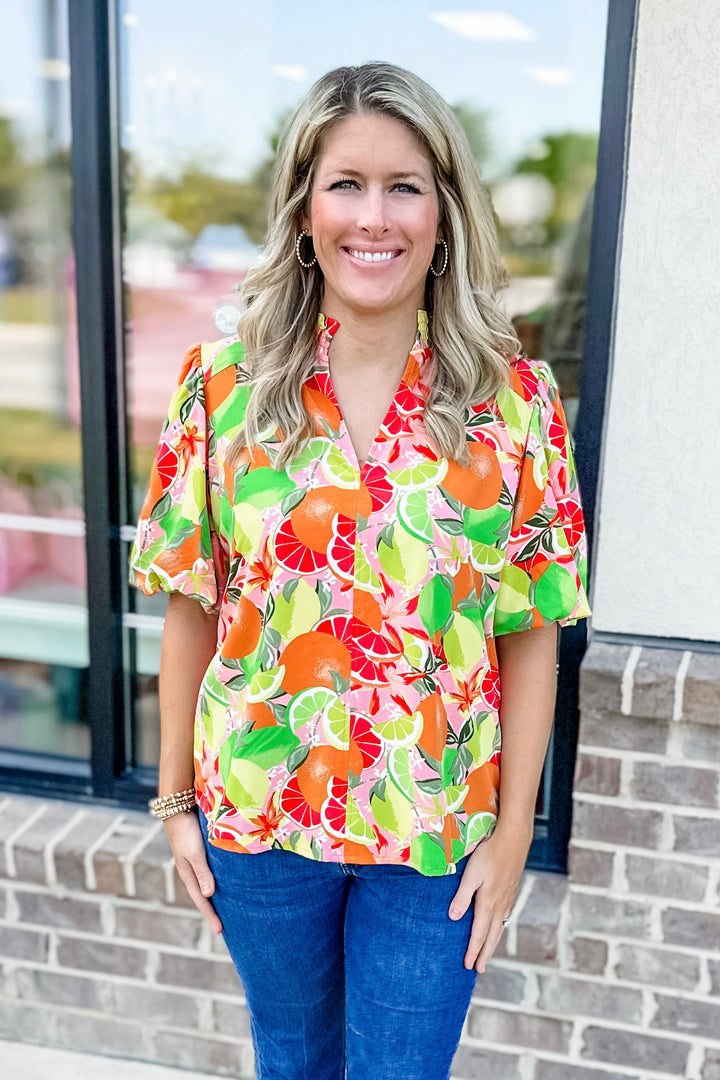 TROPICAL CITRUS PRINT PUFF SLEEVE TOP