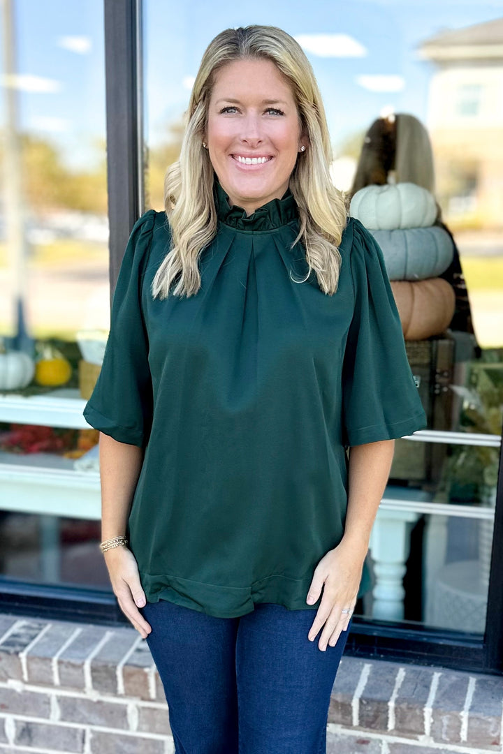 OLIVE RUFFLE NECK TIE BACK SHORT SLEEVE TOP