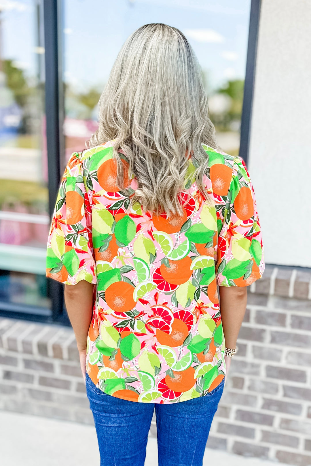 TROPICAL CITRUS PRINT PUFF SLEEVE TOP