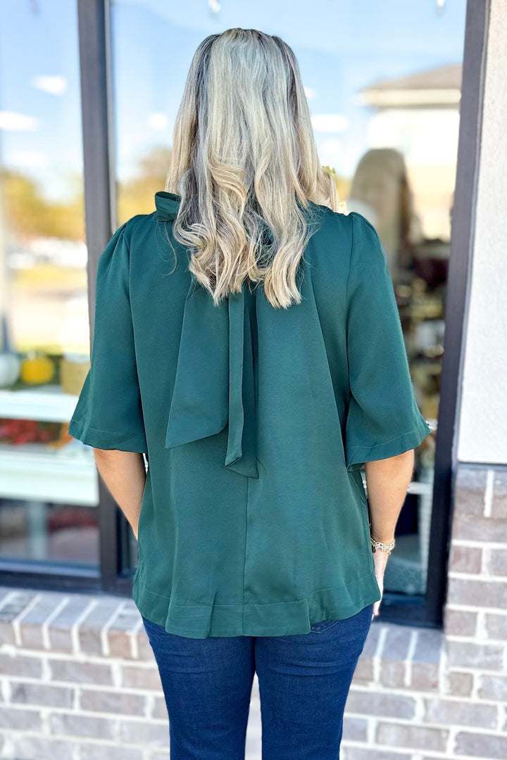 OLIVE RUFFLE NECK TIE BACK SHORT SLEEVE TOP