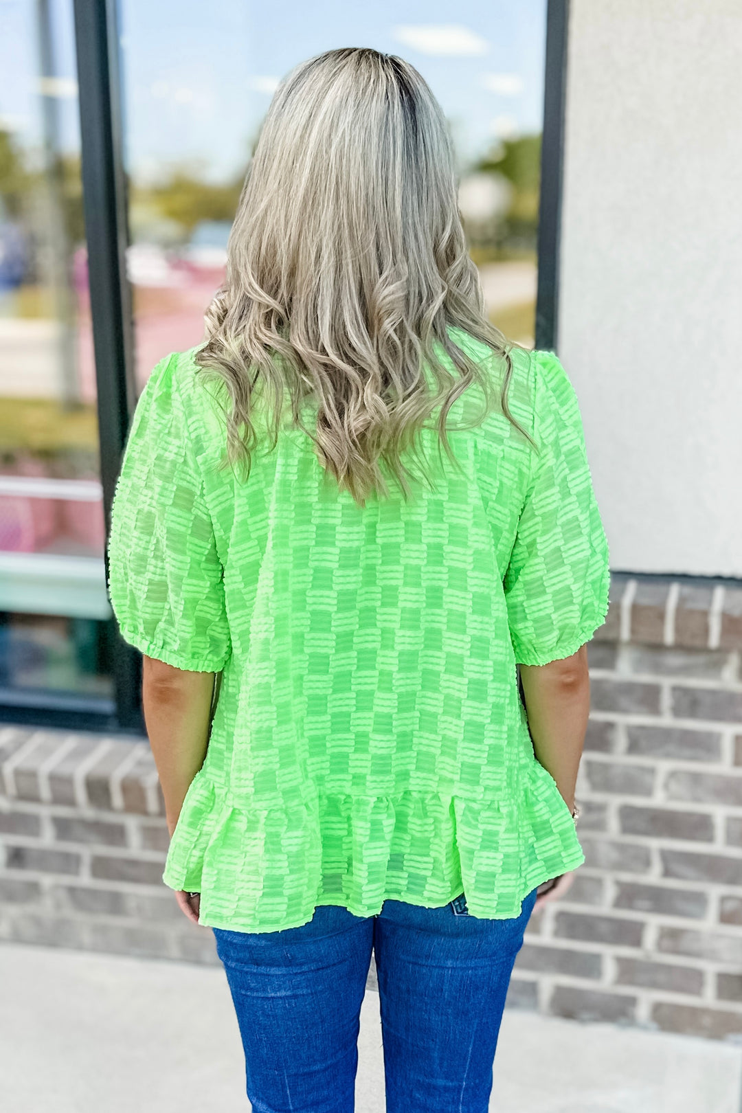 NEON GREEN TEXTURED RUFFLE HEM TOP