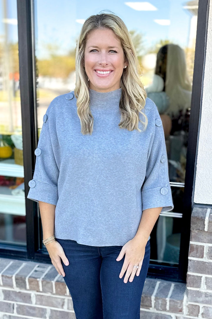 GREY BUTTON SLEEVE SWEATER