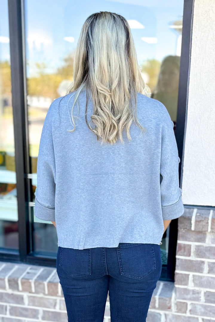 GREY BUTTON SLEEVE SWEATER