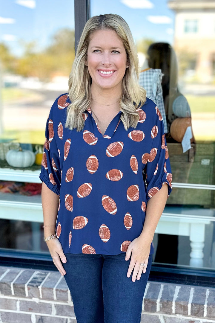 NAVY FOOTBALL PRINT STANDING COLLAR TOP