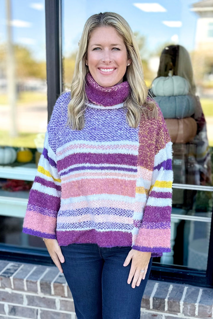 PLUM & PURPLE MULTI STRIPE FUZZY SWEATER