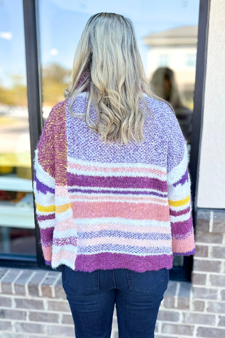 PLUM & PURPLE MULTI STRIPE FUZZY SWEATER