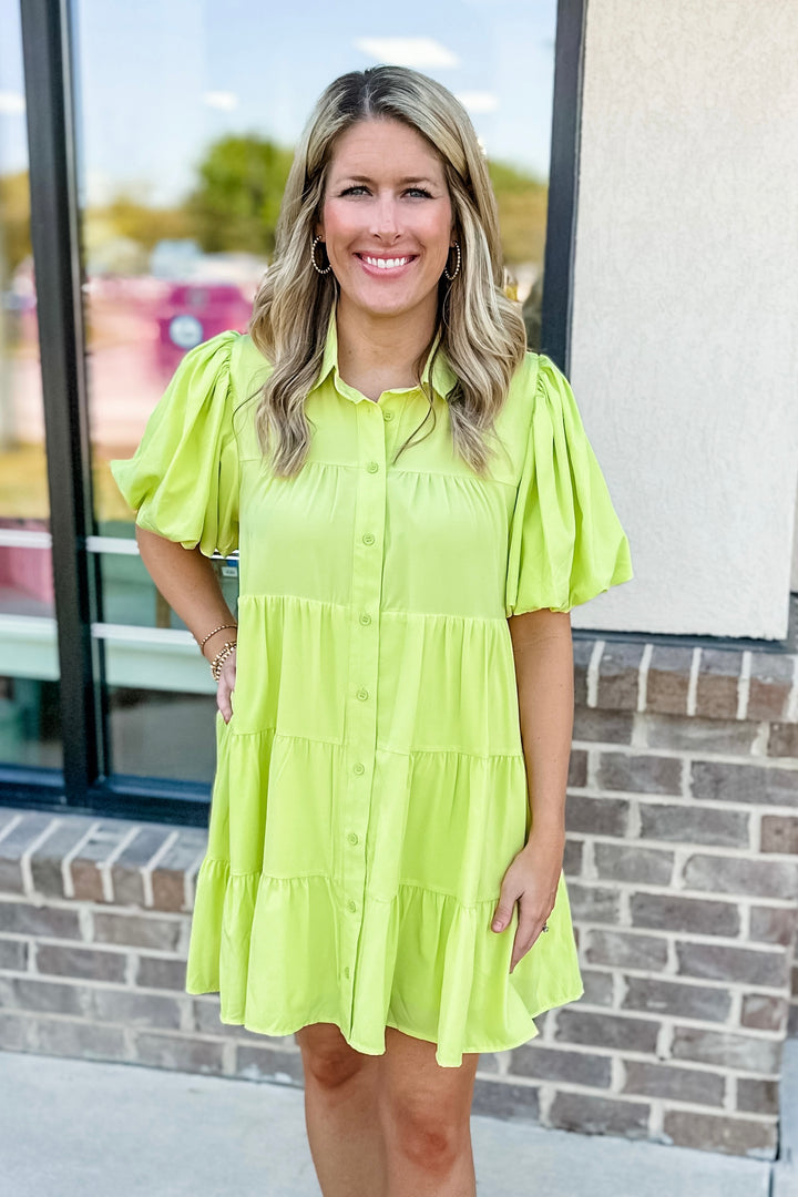 LIME COLLARED BUTTON TIERED DRESS