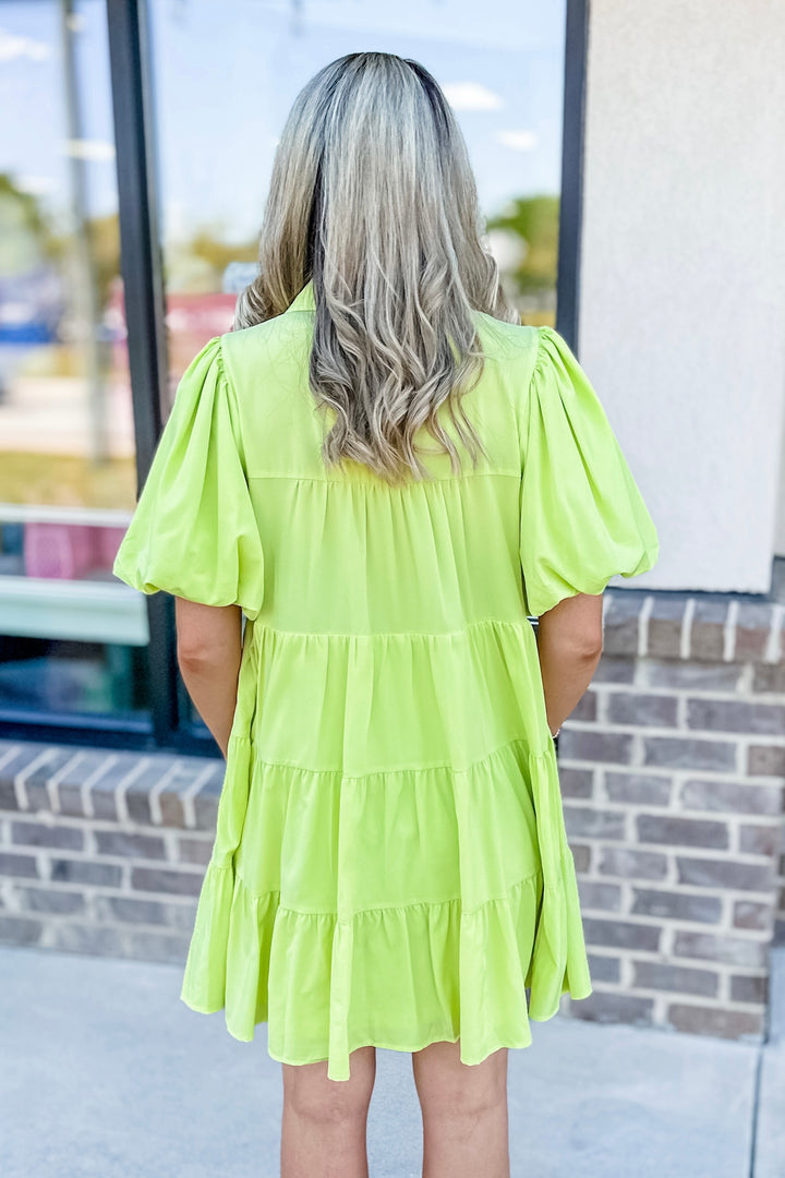 LIME COLLARED BUTTON TIERED DRESS