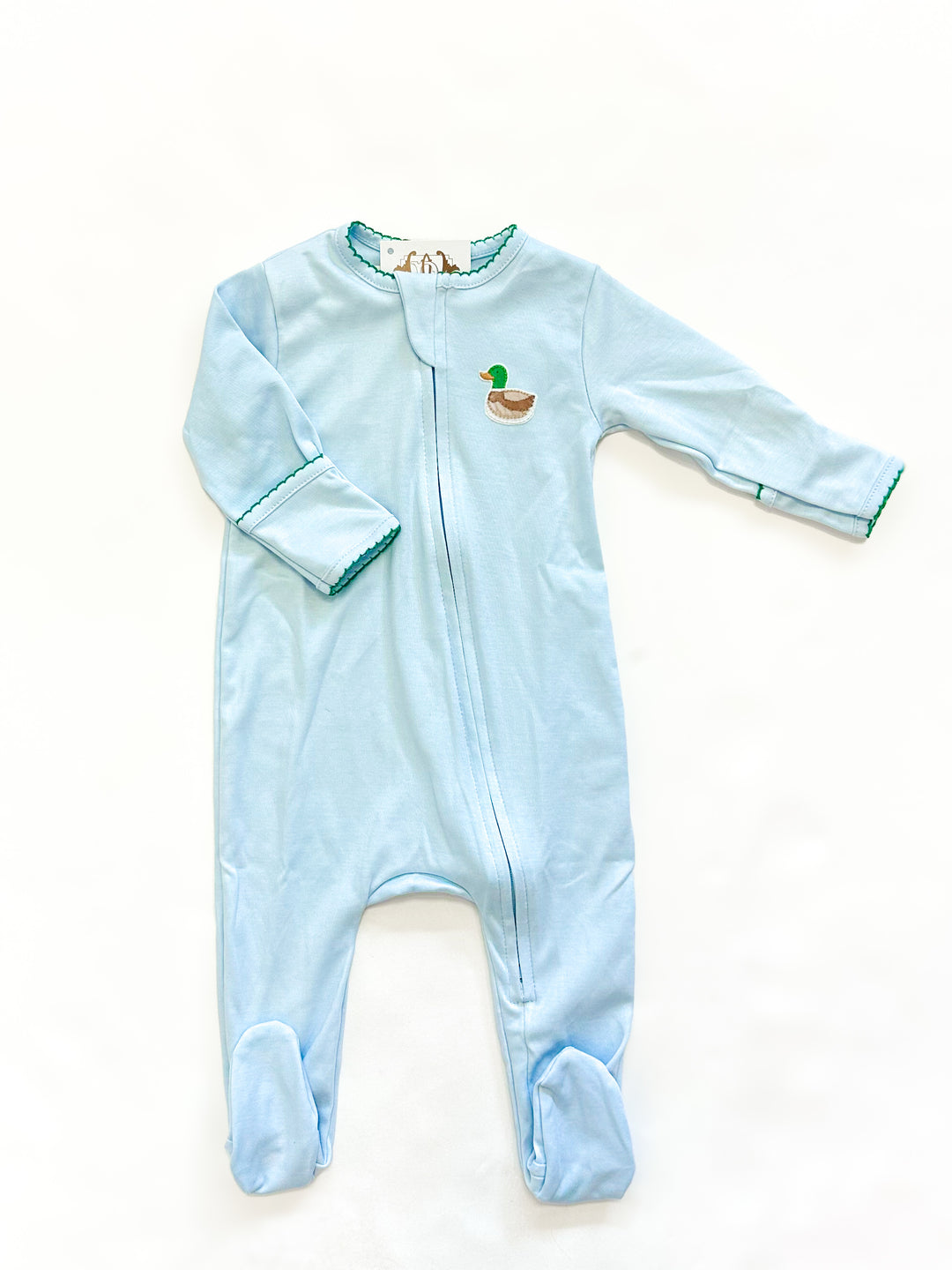 Mini Mallard Embroidered Blue Zipper Footie – Baby Boy Mallard Duck One-Piece Pajamas