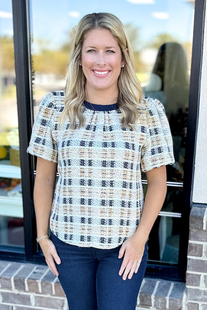 NAVY & MUSTARD METALLIC TWEED SHORT SLEEVE TOP