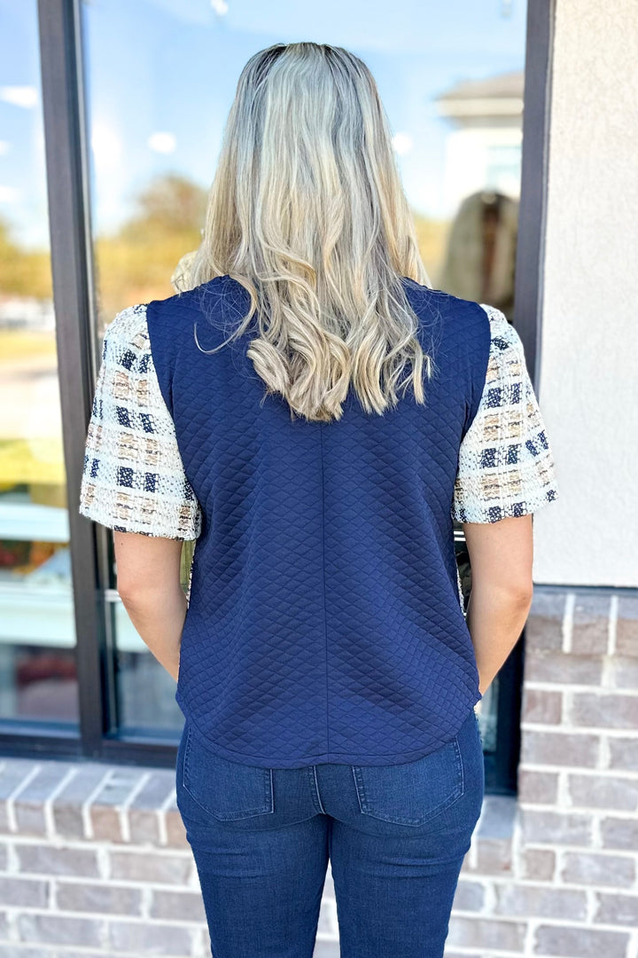 NAVY & MUSTARD METALLIC TWEED SHORT SLEEVE TOP