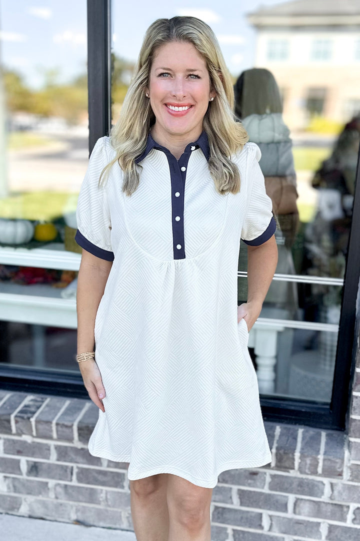 CREAM TEXTURED NAVY TRIM COLLARED DRESS