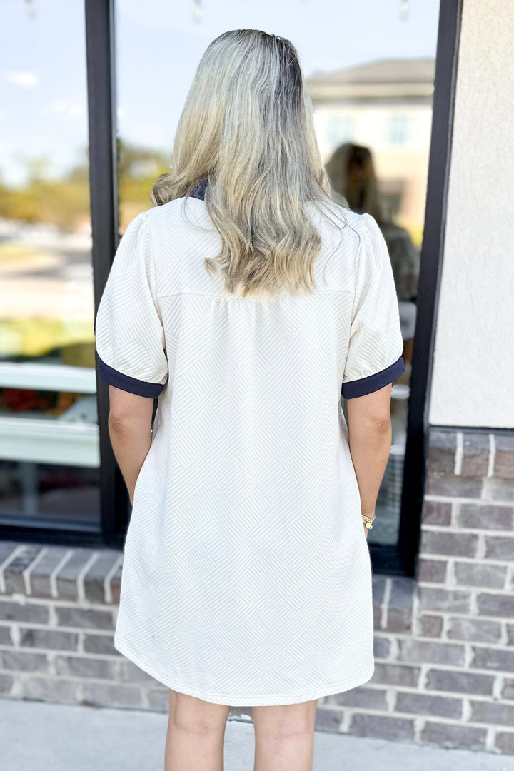 CREAM TEXTURED NAVY TRIM COLLARED DRESS