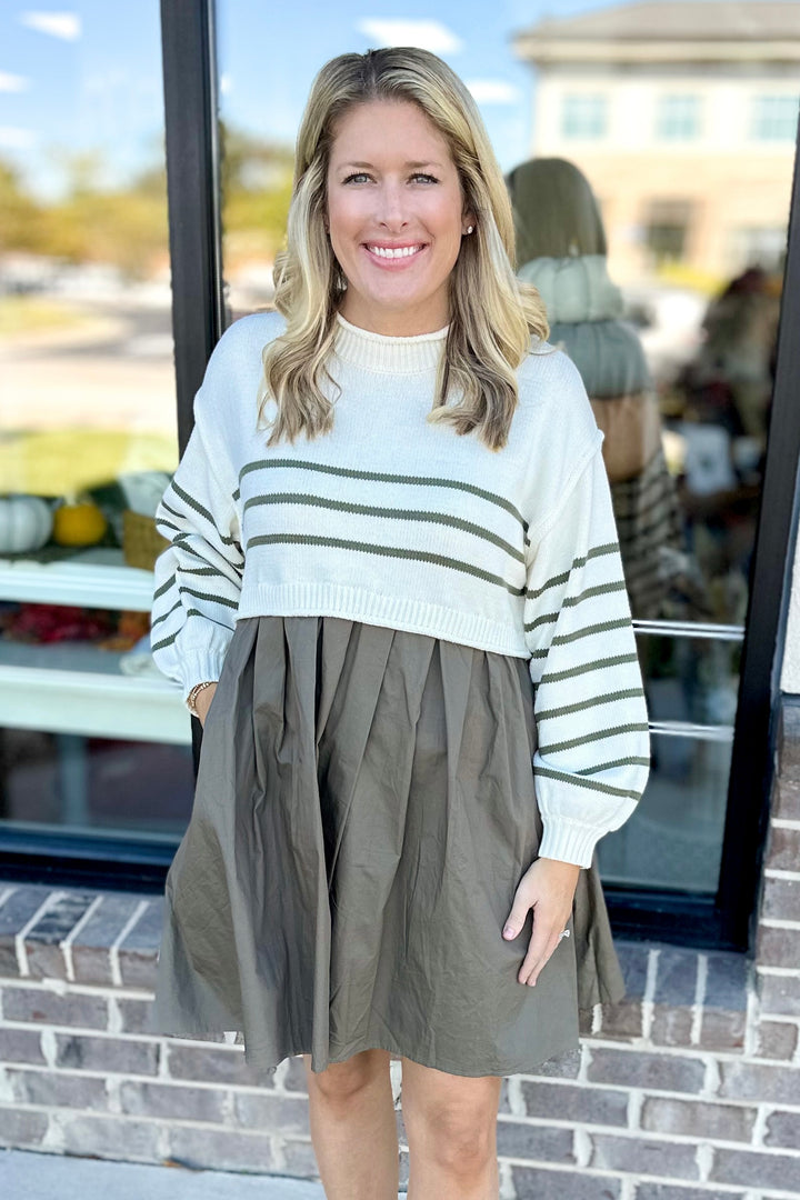 OLIVE LONG SLEEVE STRIPE SWEATER LAYERED DRESS