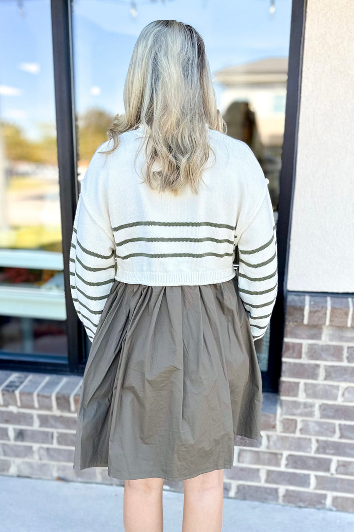 OLIVE LONG SLEEVE STRIPE SWEATER LAYERED DRESS