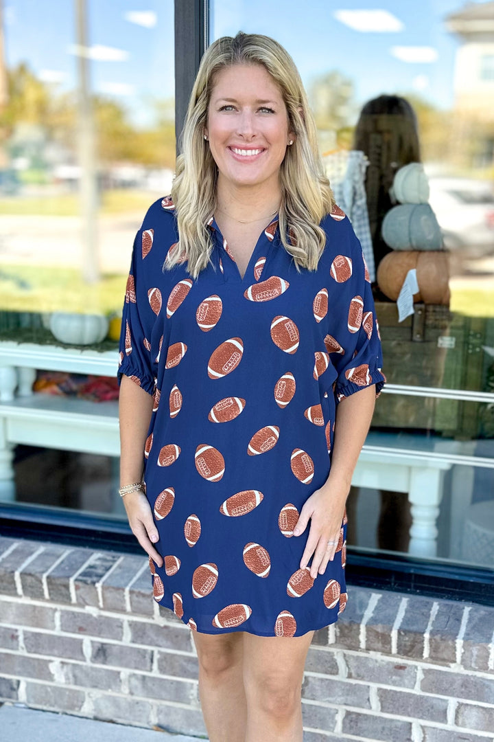 NAVY FOOTBALL PRINT STANDING COLLAR DRESS