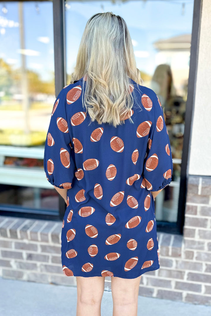 NAVY FOOTBALL PRINT STANDING COLLAR DRESS