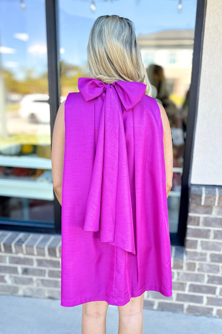 MAGENTA TIE BACK HALTER NECK SATIN DRESS