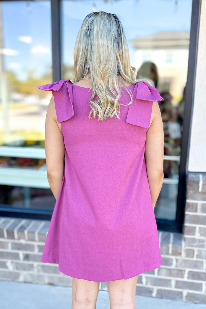 WINE BOW SHOULDER SLEEVELESS VNECK DRESS