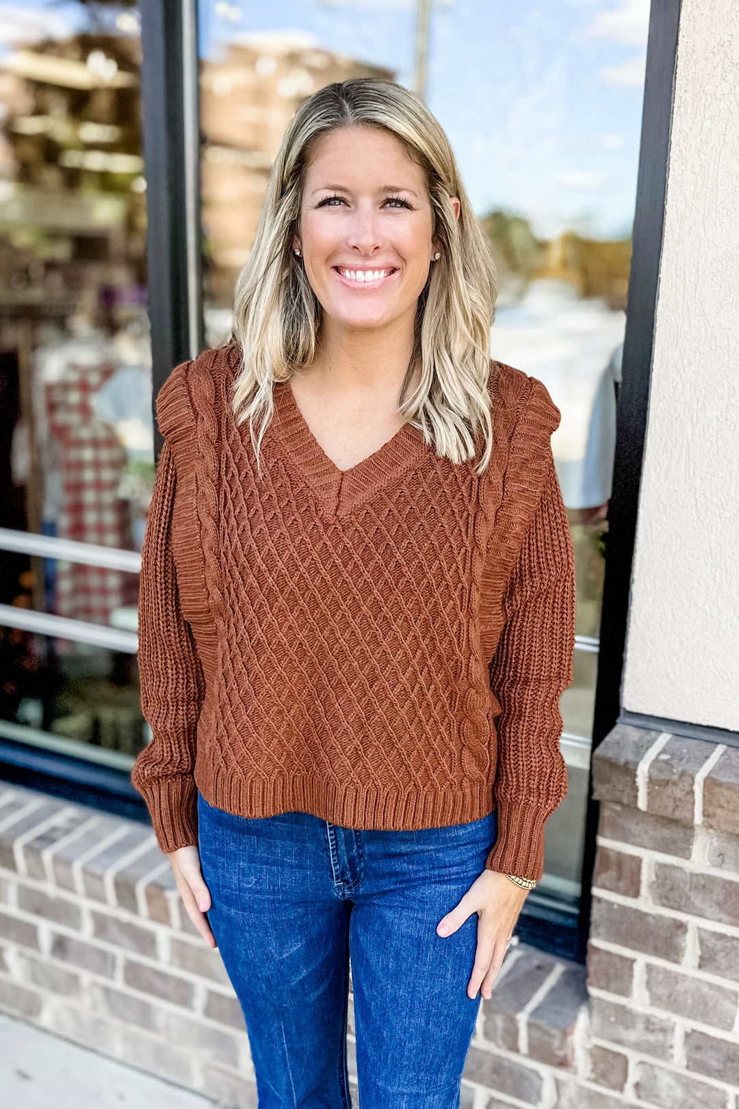 BROWN CABLE KNIT VNECK SWEATER