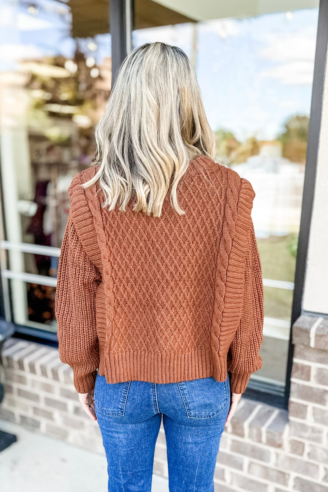BROWN CABLE KNIT VNECK SWEATER