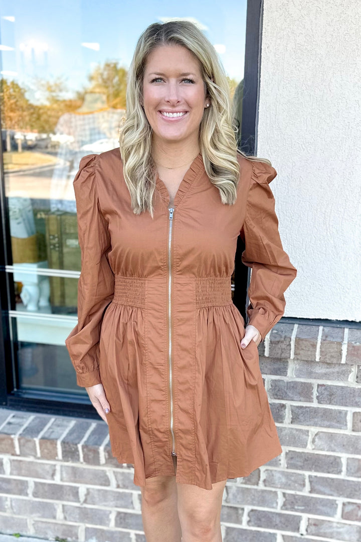 TOFFEE SMOCKED WAIST ZIP FRONT DRESS