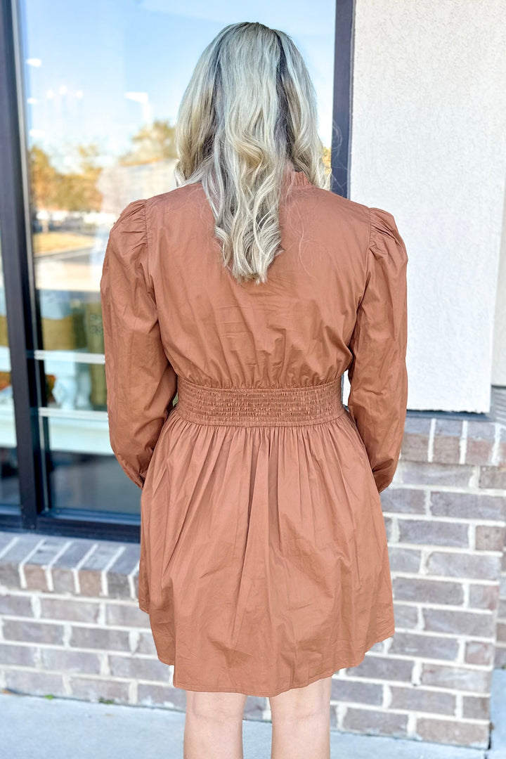 TOFFEE SMOCKED WAIST ZIP FRONT DRESS