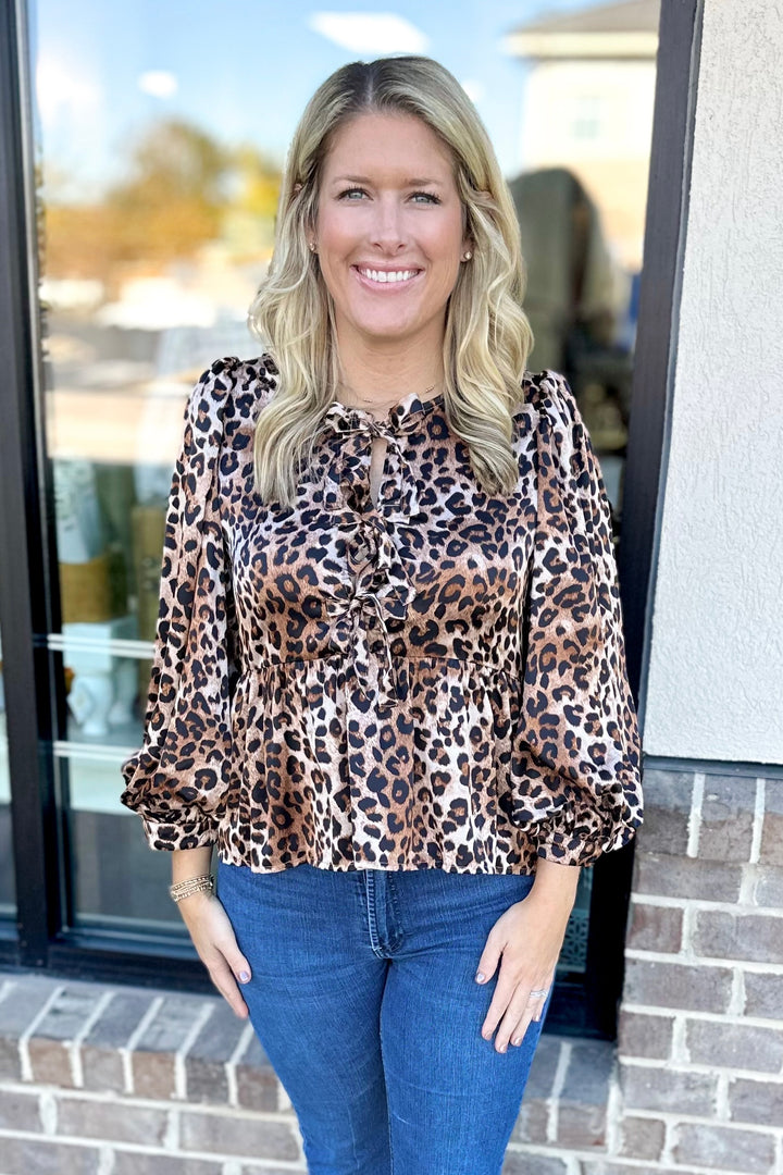 LEOPARD BOW FRONT LONG SLEEVE PEPLUM TOP