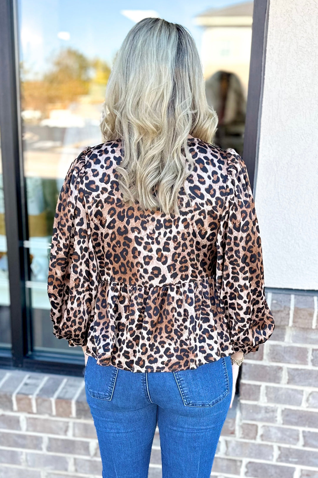 LEOPARD BOW FRONT LONG SLEEVE PEPLUM TOP