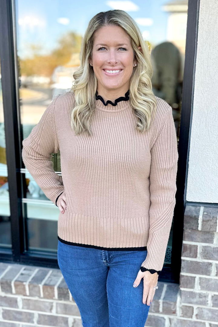 TAUPE & BLACK TRIM SWEATER