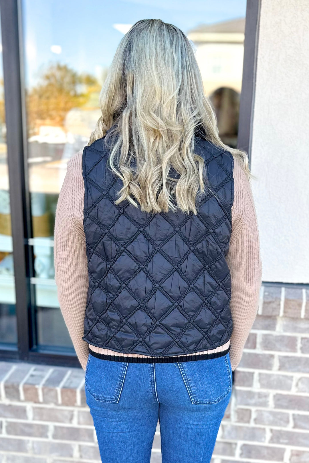 BLACK RUFFLE TRIM QUILTED VEST