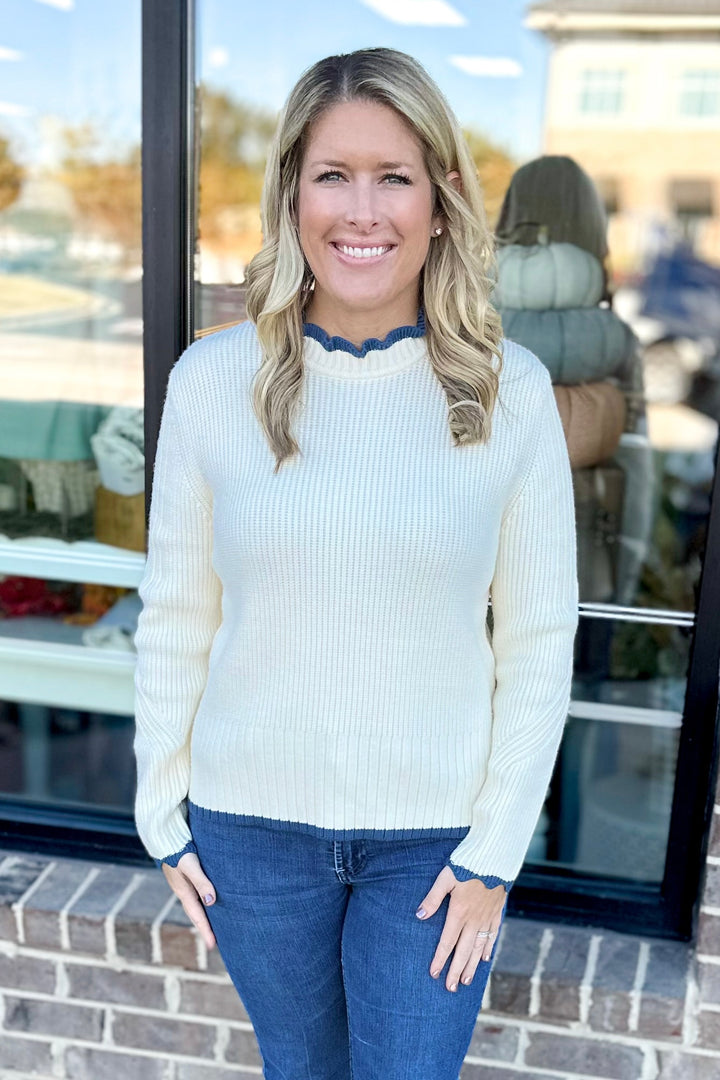 CREAM & NAVY TRIM SWEATER