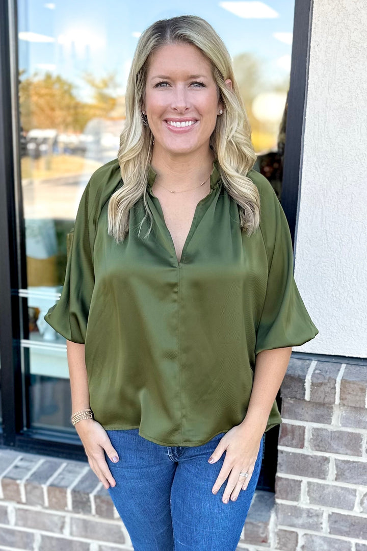 OLIVE SATIN VNECK 3/4 SLEEVE TOP