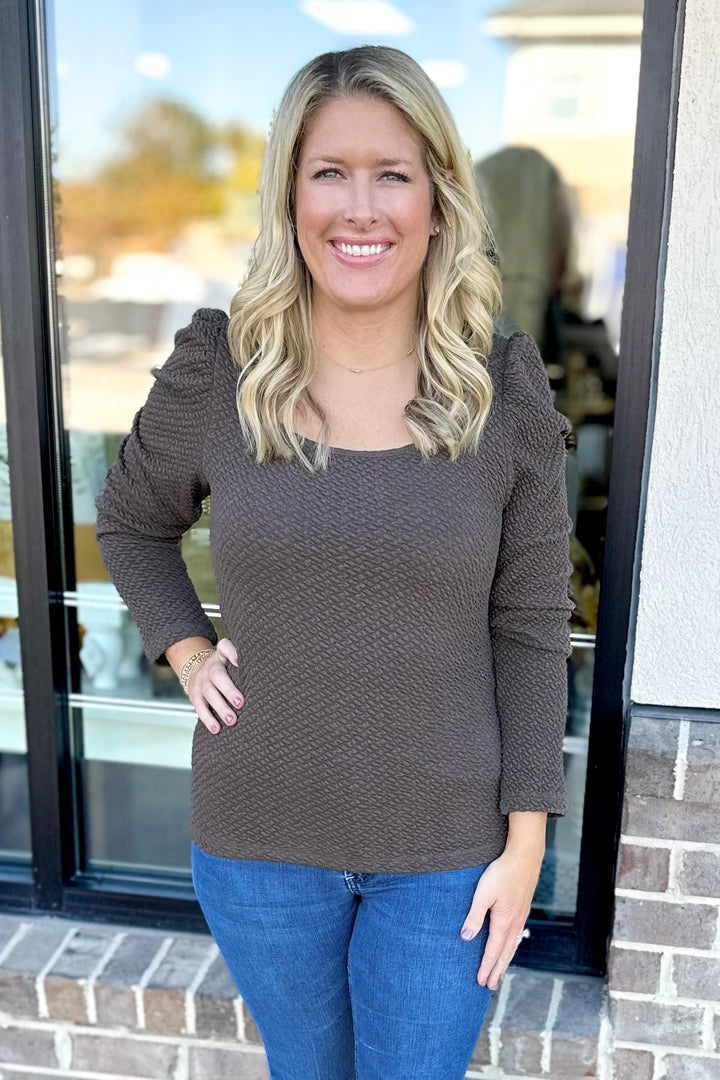 BROWN SCOOP NECK TEXTURED LONG SLEEVE TOP