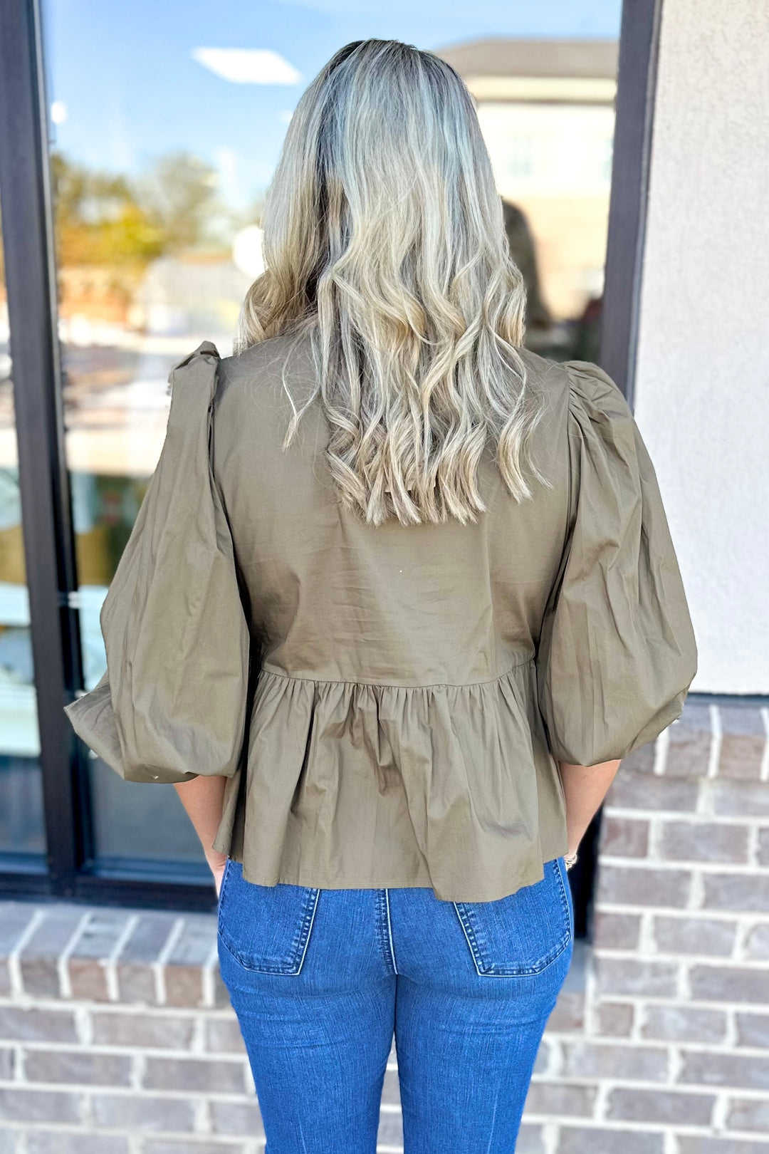 OLIVE BOW FRONT PEPLUM TOP