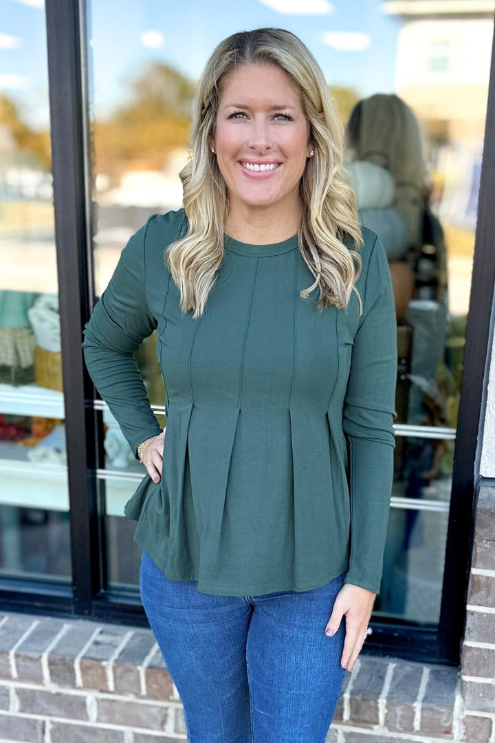 DARK GREEN PIN TUCK PEPLUM TOP