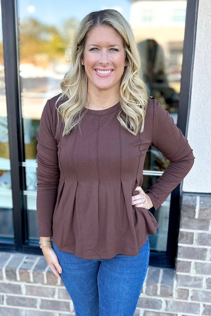 BROWN PIN TUCK PEPLUM TOP