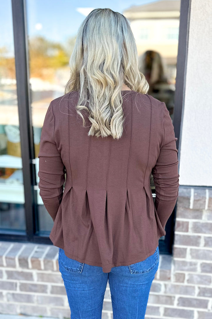 BROWN PIN TUCK PEPLUM TOP