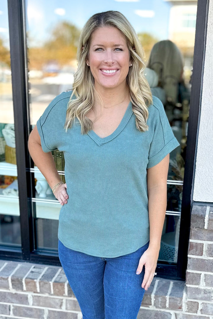 SAGE RIBBED VNECK TOP